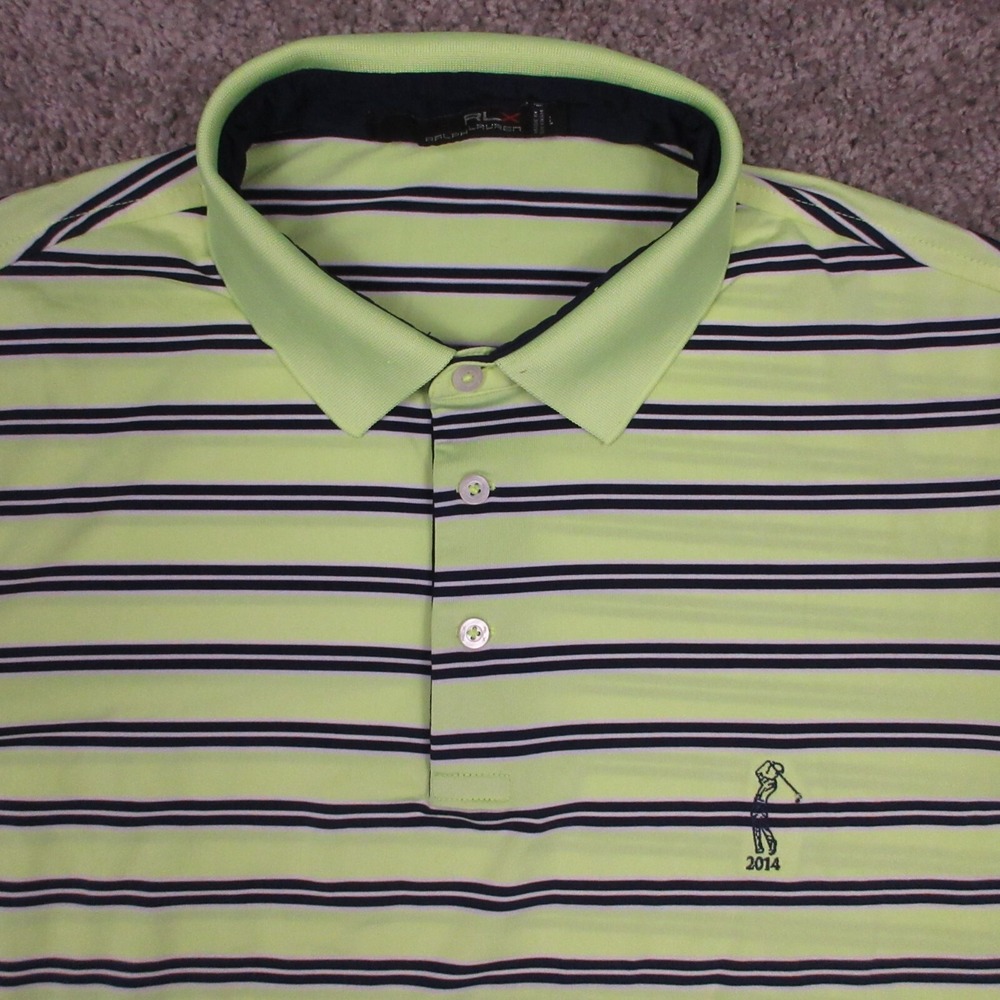 RLX Ralph Lauren Polo Shirt Mens Large Green Striped Performance Golf Embroidery